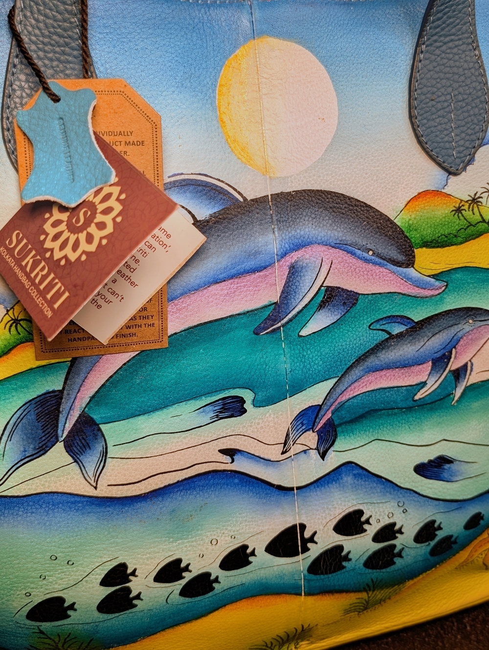 Sukriti Hand-Painted Leather Dolphin Tote Bag-17" x 12" - Picture 3 of 8